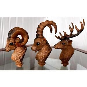 Vintage Animal Bottle Stoppers Set Ram Goat Deer Plastic Cork Tops